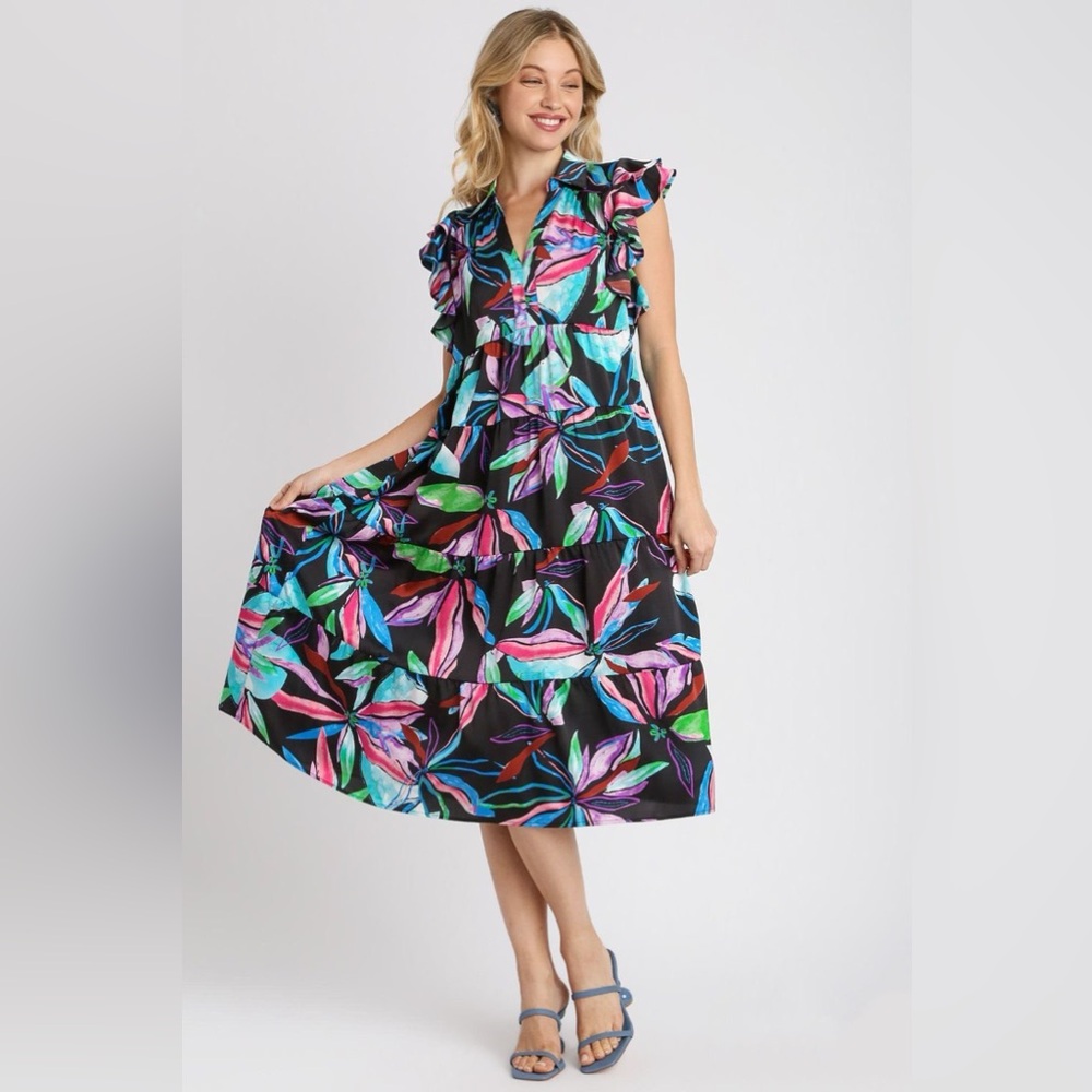 Umgee Full Size Leaf Print Double Layered Ruffle Sleeve Tiered Midi Dress🛍️